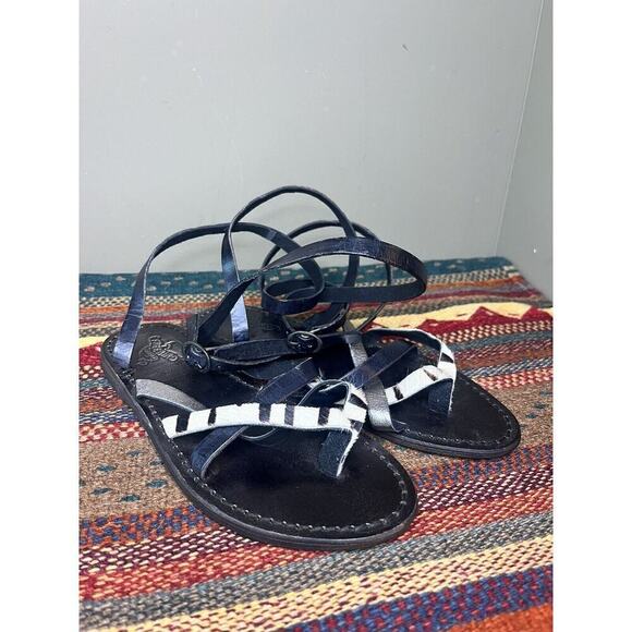 freebird Shoes - Freebird By Steve Baja Strappy Zebra Black Leather Flat Sandals Size Eu 37
